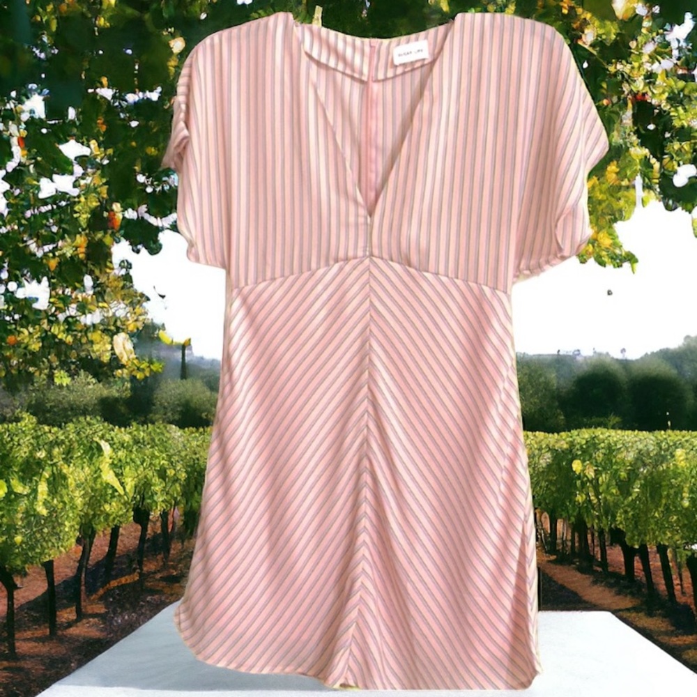 Sugar Lips Pink Dress with Stripes of Purple & Green Sz M